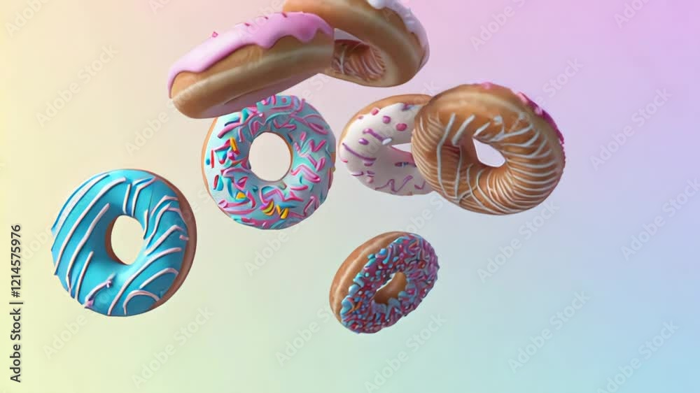 Poster four delicious iced donuts with colorful sprinkles are tumbling through the air against a soft paste