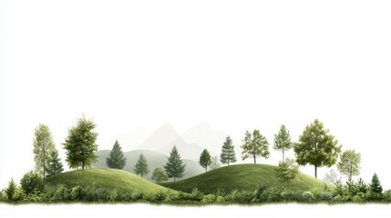 Fototapeta premium Offset and Preservation concept, Lush green hills with various trees and a serene atmosphere.