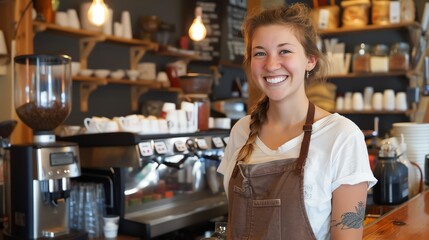 Cheerful young woman barista standing in a coffee shop, wearing an apron and with a braid in her hair.