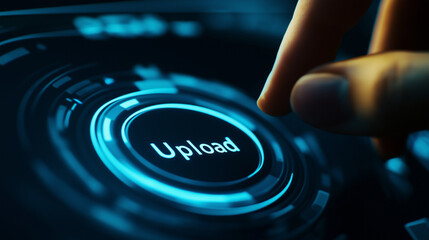 Blue "Upload" button with tech interface. Ideal for data transfer and cloud storage concepts.