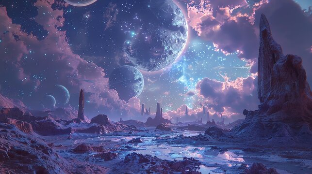 The image is a beautiful landscape of an alien planet. The sky is a deep purple color, and there are three moons in the sky.