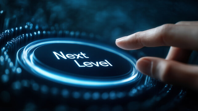 "Next Level" button with tech effect. Suitable for gaming and progress themes.