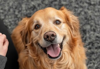 Happy Golden Retriever Looking Up With Joyful Expression, Sitting on Comfortable Surface, Close-Up of Friendly Dog with Warm Smile and Bright Eyes
