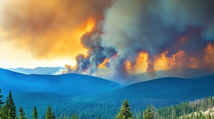 Fototapeta premium Dramatic Valley Fire with Smoke and Distant Mountains