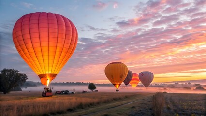 Obraz premium Colorful Hot Air Balloons in Beautiful Sunrise Over Misty Field