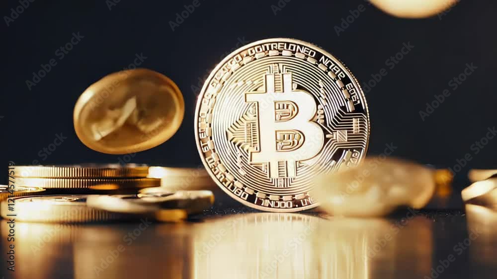 Poster Gold bitcoin and cryptocurrency coins falling and spinning on a reflective surface with a dark background creating a dramatic and dynamic scene related to finance. Investment. And the digital economy