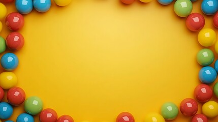 Colorful spheres frame empty yellow background. Possible use Digital art print, graphic design template, website banner