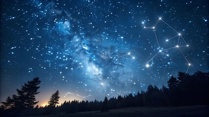 Naklejka premium Night Sky with Stars and Constellations Over Forest Landscape