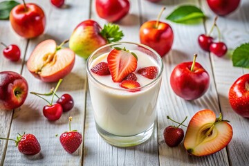 Refreshing Kefir Drink with Apple & Cherry Strawberries in Glass - Stock Photo
