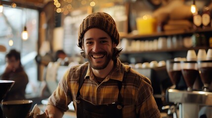 Fototapeta premium Bearded hipster barista wearing a beanie smiles while working in a coffee shop.
