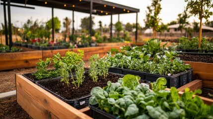 Raised Bed Vegetable Garden with Variety of Fresh Leafy Greens and Herbs in Outdoor Patio or Backyard Setting