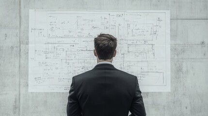 Man in suit reviewing large complex diagram on wall.