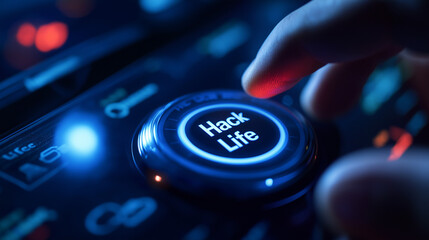 Blue illuminated Hack Life button in technological environment. Perfect for personal development and lifestyle optimization content