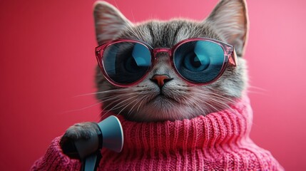 Stylish Cat in Pink Sweater and Sunglasses Holding a Microphone on a Vibrant Red Background
