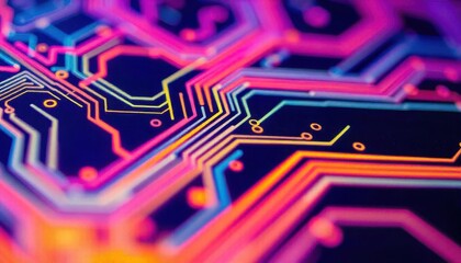 Vibrant Multicolored Circuitry Abstract Background, Close Up View of Intricate Electronic Pathways and Connections, Highlighting Technological Innovation and Design
