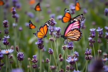 Naklejka premium Butterfly on the blue flowers, close-up