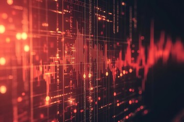 Business chart with downtrend line graph, bar chart and stock numbers in bear market on dark red background (vector)