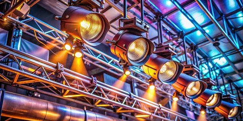 Industrial Stage Lighting Rig: Below View, Steel Structures, Spotlights, Film Set Studio
