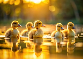 Minimalist Lake Scene: Adorable Ducklings Swimming