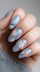 Nail polish design, manicure and trends: Ocean-inspired nails with soft blue gradients, coral patterns, and holographic shimmer, nature meets modern design trends.