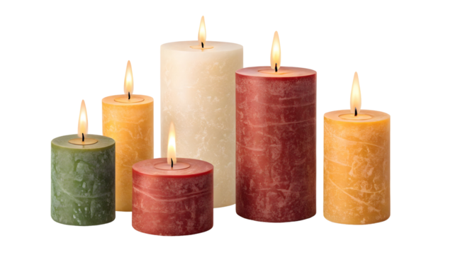 Warm Candle Glow: A collection of six elegant candles in various hues,  including green, yellow, and red, glow softly with realistic flickering flames, creating a cozy and inviting ambiance. 