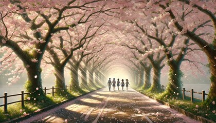 Obraz premium A serene and nostalgic painting of a sakura path with four students walking joyfully, under a dreamy tunnel of cherry blossoms with soft morning light