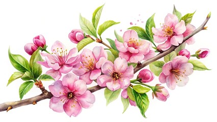 Naklejka premium Watercolor Cherry Blossom Branch with Delicate Pink Flowers and Green Leaves, Spring Food Photography