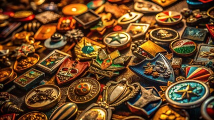 Fototapeta premium Retro Badge Designs: Low-Light Photography of Shaped Metal Badges