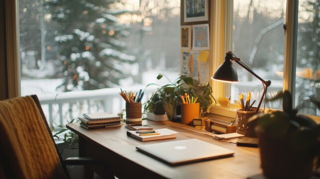 Cozy Winter Workspace with Laptop Books and Snowy Outdoor View