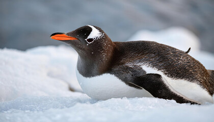 Fototapeta premium A Gentoo penguin slides on its belly across the snow with its flippers outstretched in an elegant gliding motion.