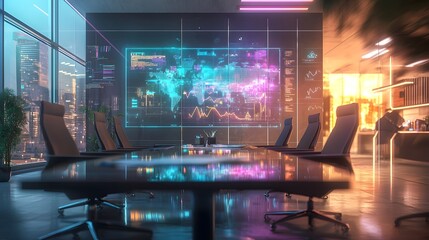 Futuristic Workspace with Strategic Roadmap Drawn on Glass Board and Vibrant Lighting