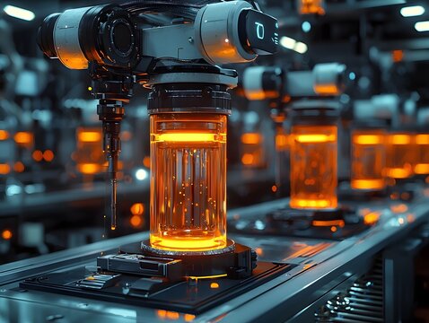 Futuristic Laboratory with Glowing Robotic Arms Assisting a Collaborative Team Symbolizing Teamwork Enhanced by Technology