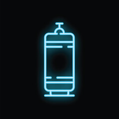 Blue neon icon of a gas cylinder glowing on a black background
