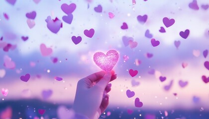 Fototapeta premium A Hand Holding a Sparkling Heart Amidst a Falling Shower of Pink and Purple Confetti