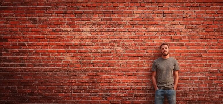 A young man stands casually against a red brick wall, offering a contemplative and stylish portrait.