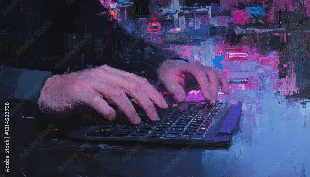 Poster abstract digital art of hands typing on a keyboard at night with city lights glowing in the backgrou