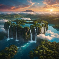 Cloud Nine Sanctuary: A surreal scene of floating islands in the sky, covered in greenery and waterfalls, with a serene, glowing sunset in the background.