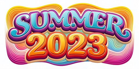 Retro Summer 2023 Wavy Groovy Typography Art Print, Vintage Text Design on White Background
