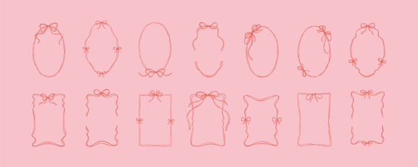 Hand drawn cute line doodle oval and rectangle ribbon frames with bowknot. Bow wavy whimsical borders sketch drawing. Greeting card, wedding invitation, Birthday party design elements