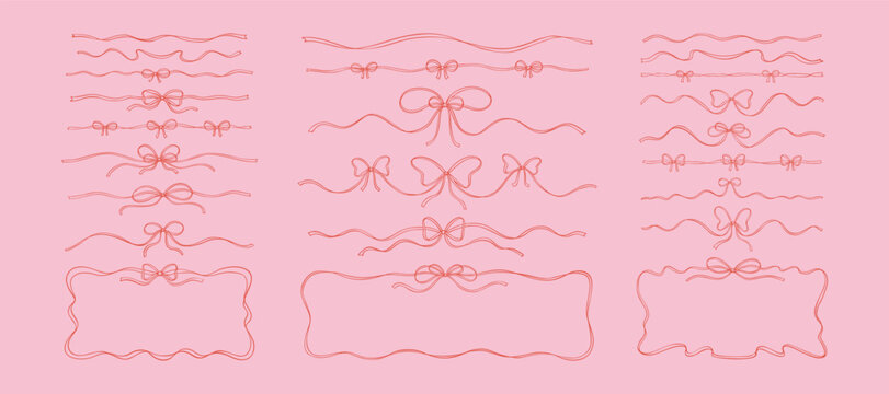 Set of hand drawn bow ribbon text dividers, tape separators and horizontal rectangle frames. Fancy sketchy vintage flourish design elements. Filigree wavy pink whimsical background