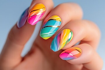 Nail polish design, manicure and trends: Vibrant rainbow gradient nails with glossy finish, bold and playful design, summer nail art trend.