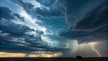 Dramatic Thunderstorm Over Open Landscape with Lightning Strikes