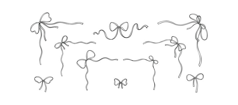 Set of hand drawn wavy ribbon corners and separators with tied bows. Cute line art doodle design elements for wedding invitations, birthday cards, bachelorette party, feminine minimalist art