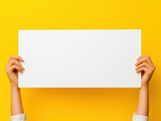 Blank White Sign Held by Hands Against Vibrant Yellow Background