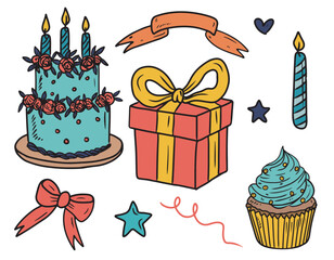 Equipment for birthday party celebration red gift box with yellow ribbon, striped candle, bow, beautiful blue cake with roses and cupcake with cream on white. Vector sketch illustration.