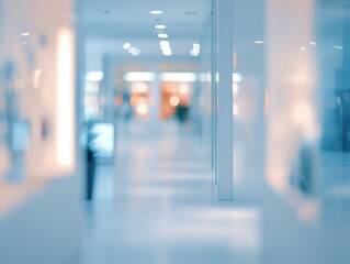Blurry Modern Hallway Interior with Soft Blue and White Tones