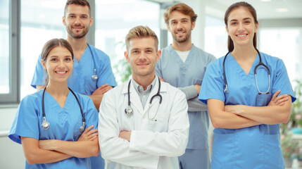 Fototapeta premium Group of healthcare professionals in medical uniforms, including doctors and nurses, posing confidently in clinical setting, demonstrating teamwork and dedication to patient care