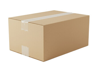 Large plain cardboard box sealed with clear tape, isolated on white background