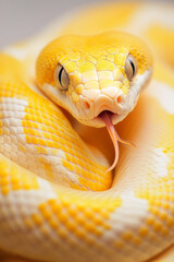 Fototapeta premium Coiled snake with tongue extended, detailed scales and intense gaze in a close-up wildlife shot.