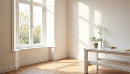 Fototapeta premium A cozy, white wooden table holds a duo of books and a lively small plant. Its delicate stems adorn lush, green leaves